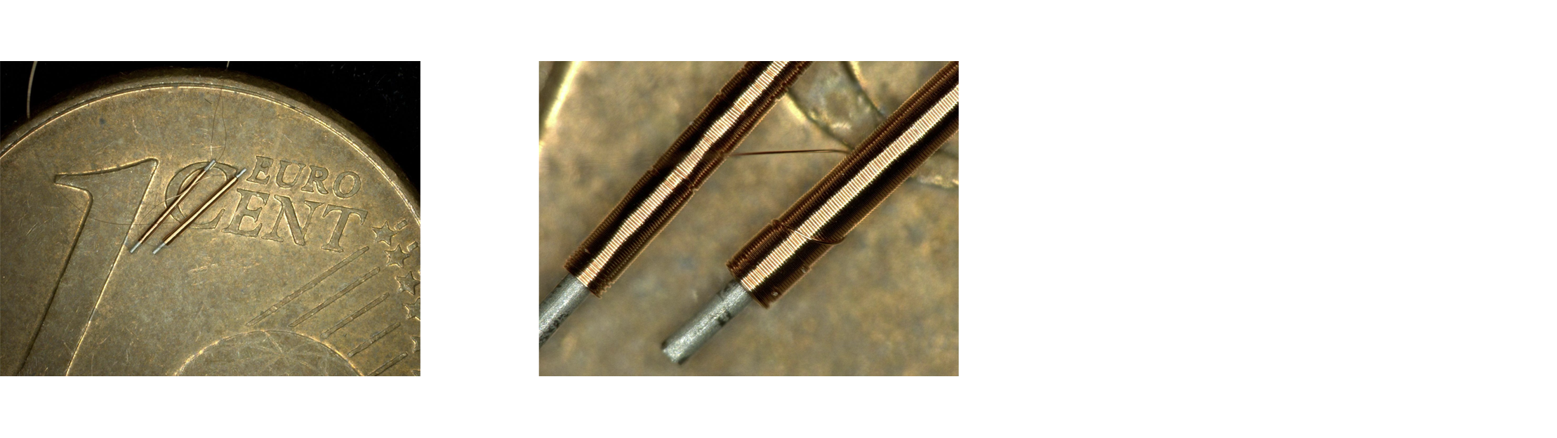 The size of 8µm and 10µm (mu or micrometer) coils compared to a 1 euro-cent coin