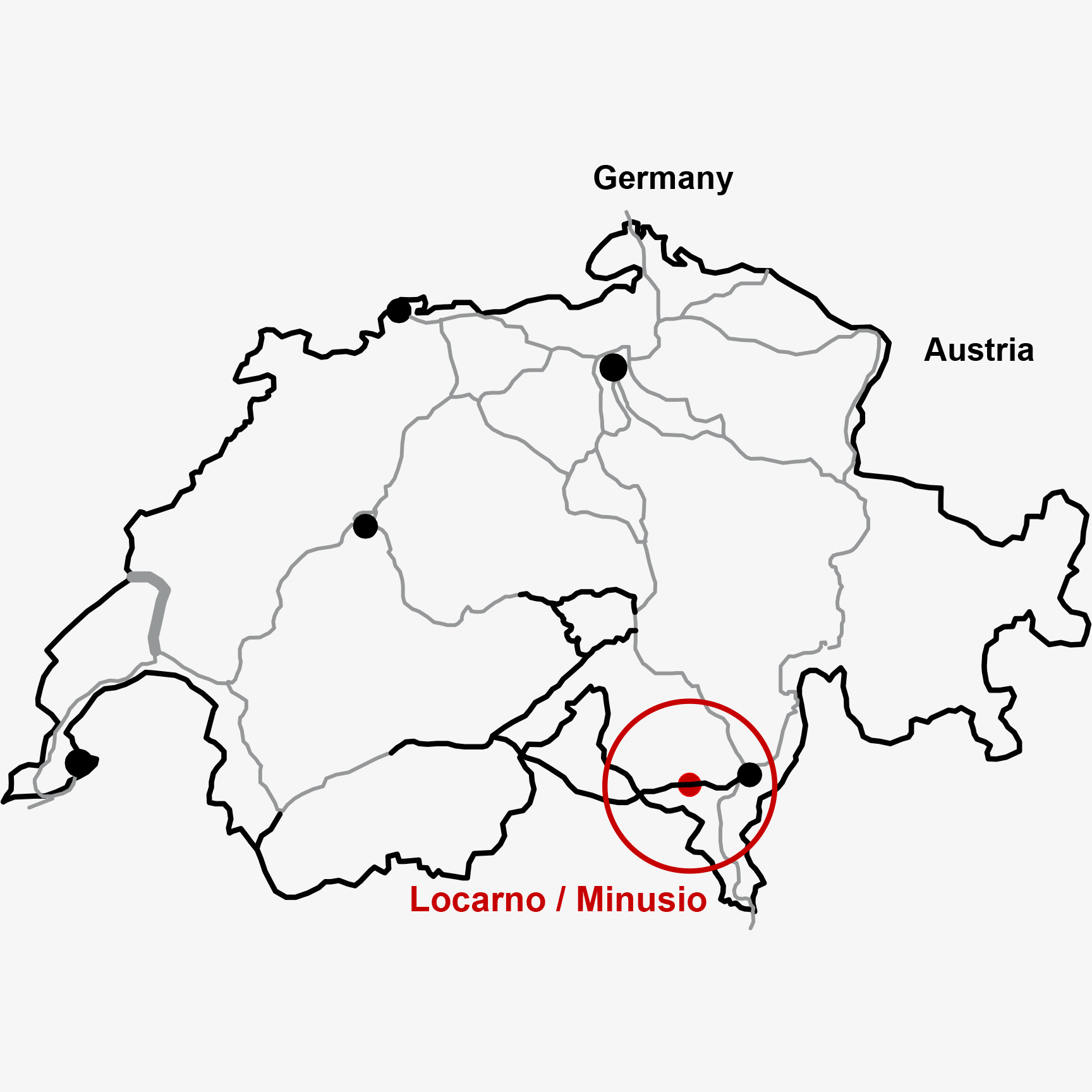Map of Switserland (Europe) with Locarno/Minusio where SwissCoils is located